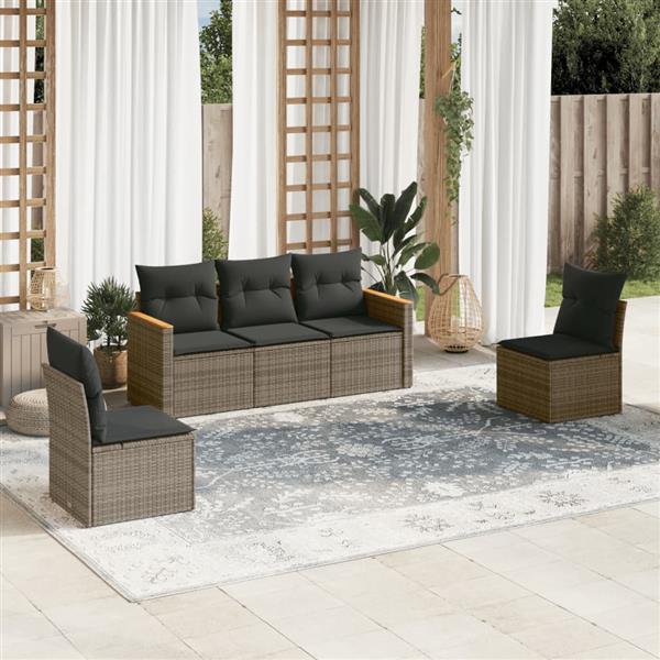 Grote foto vidaxl 5 delige loungeset met kussens poly rattan grijs tuin en terras tuinmeubelen