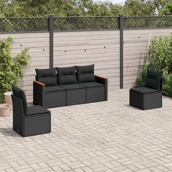 Grote foto vidaxl 5 delige loungeset met kussens poly rattan zwart tuin en terras tuinmeubelen