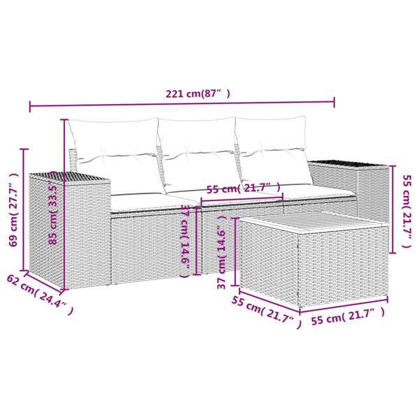 Grote foto vidaxl 4 delige loungeset met kussens poly rattan grijs tuin en terras tuinmeubelen