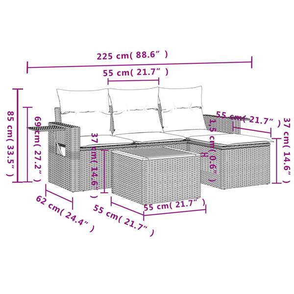 Grote foto vidaxl 5 delige loungeset met kussens poly rattan gemengd beige tuin en terras tuinmeubelen