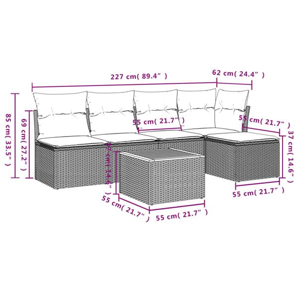 Grote foto vidaxl 6 delige loungeset met kussens poly rattan grijs tuin en terras tuinmeubelen