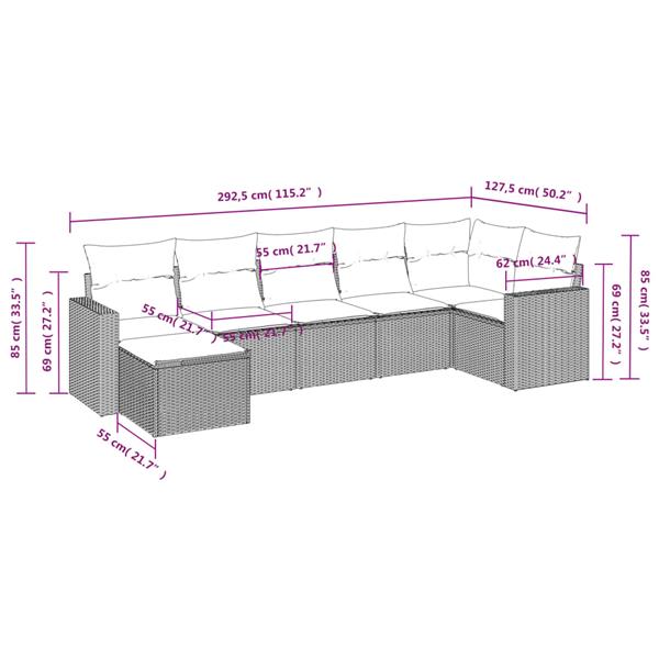 Grote foto vidaxl 7 delige loungeset met kussens poly rattan bruin tuin en terras tuinmeubelen