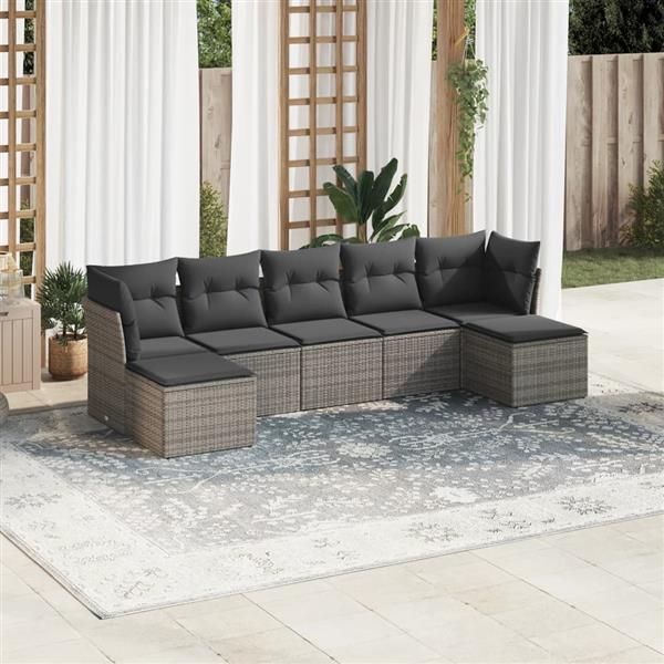 Grote foto vidaxl 7 delige loungeset met kussens poly rattan grijs tuin en terras tuinmeubelen