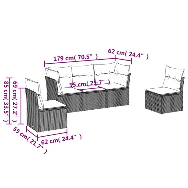 Grote foto vidaxl 5 delige loungeset met kussens poly rattan bruin tuin en terras tuinmeubelen