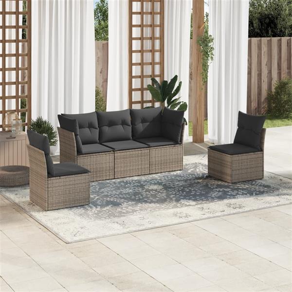 Grote foto vidaxl 5 delige loungeset met kussens poly rattan grijs tuin en terras tuinmeubelen