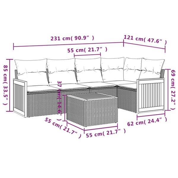 Grote foto vidaxl 6 delige loungeset met kussens poly rattan grijs tuin en terras tuinmeubelen