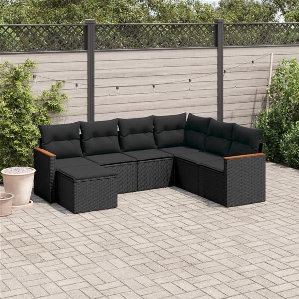 Grote foto vidaxl 7 delige loungeset met kussens poly rattan zwart tuin en terras tuinmeubelen