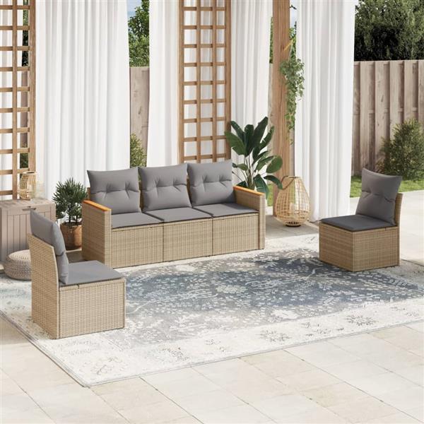 Grote foto vidaxl 5 delige loungeset met kussens poly rattan gemengd beige tuin en terras tuinmeubelen