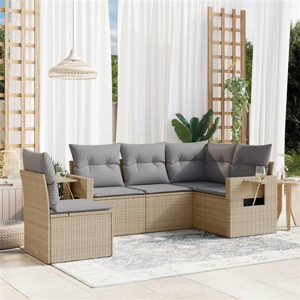 Grote foto vidaxl 5 delige loungeset met kussens poly rattan beige tuin en terras tuinmeubelen