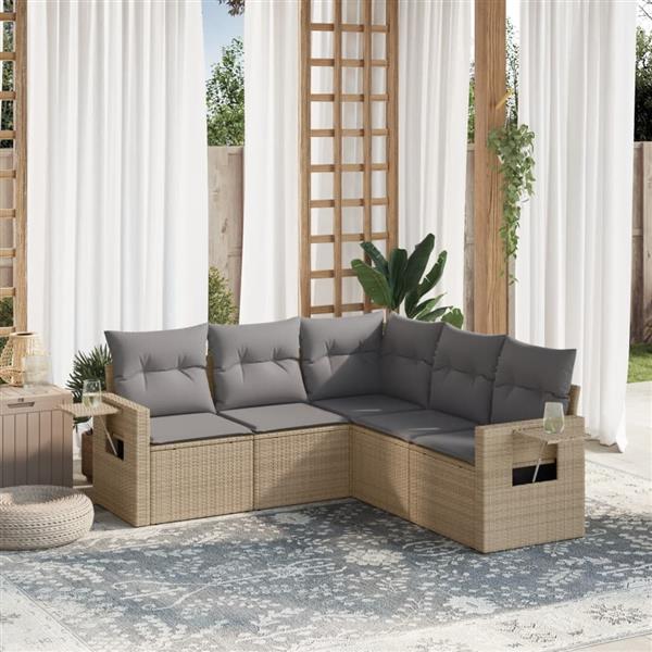 Grote foto vidaxl 5 delige loungeset met kussens poly rattan beige tuin en terras tuinmeubelen