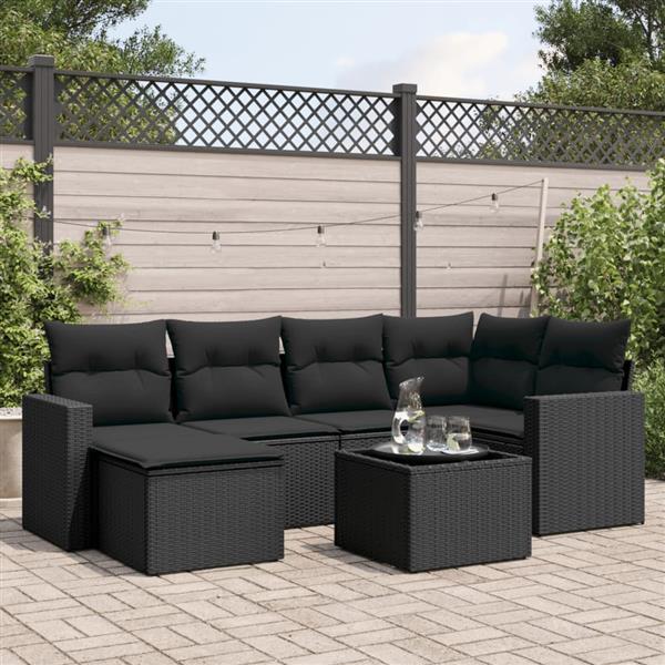 Grote foto vidaxl 7 delige loungeset met kussens poly rattan zwart tuin en terras tuinmeubelen