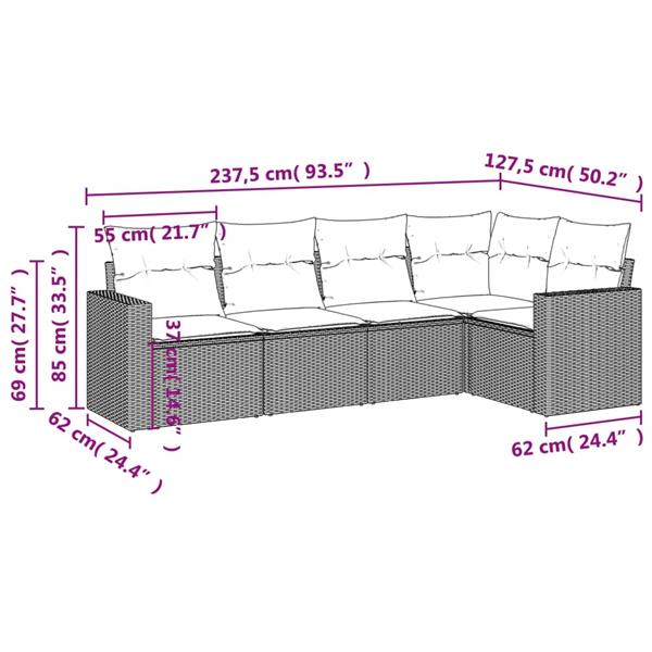 Grote foto vidaxl 5 delige loungeset met kussens poly rattan bruin tuin en terras tuinmeubelen