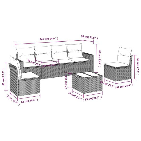 Grote foto vidaxl 7 delige loungeset met kussens poly rattan zwart tuin en terras tuinmeubelen