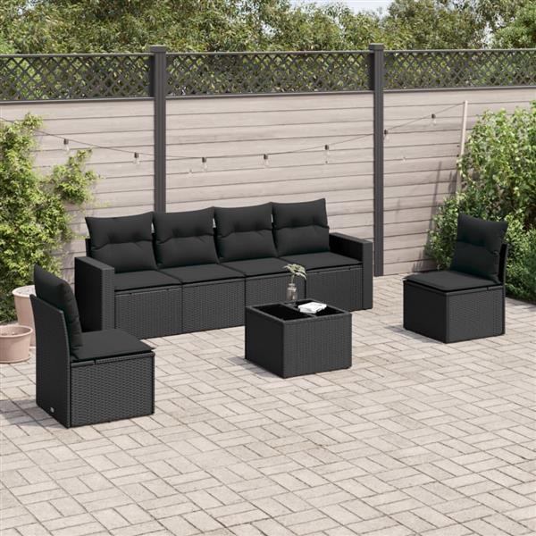 Grote foto vidaxl 7 delige loungeset met kussens poly rattan zwart tuin en terras tuinmeubelen