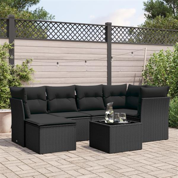 Grote foto vidaxl 7 delige loungeset met kussens poly rattan zwart tuin en terras tuinmeubelen