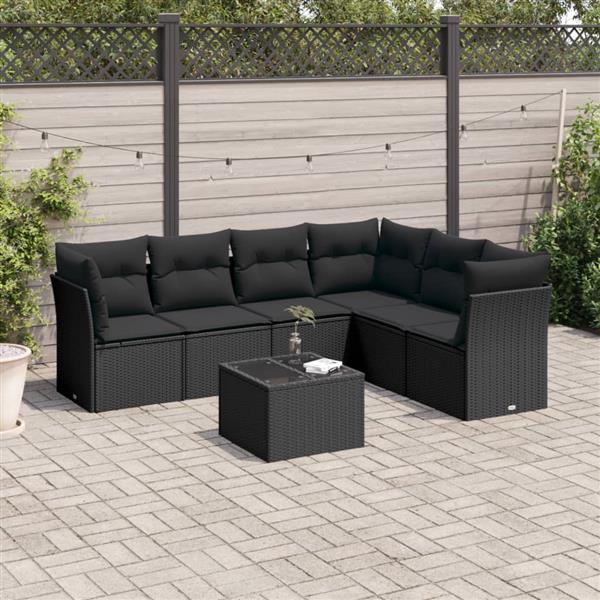 Grote foto vidaxl 7 delige loungeset met kussens poly rattan zwart tuin en terras tuinmeubelen