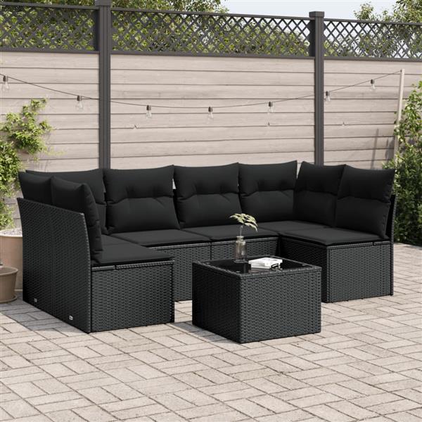 Grote foto vidaxl 7 delige loungeset met kussens poly rattan zwart tuin en terras tuinmeubelen