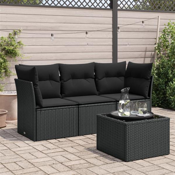 Grote foto vidaxl 4 delige loungeset met kussens poly rattan zwart tuin en terras tuinmeubelen