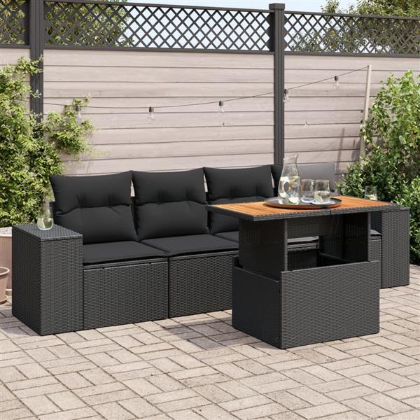 Grote foto vidaxl 5 delige loungeset met kussens poly rattan zwart tuin en terras tuinmeubelen