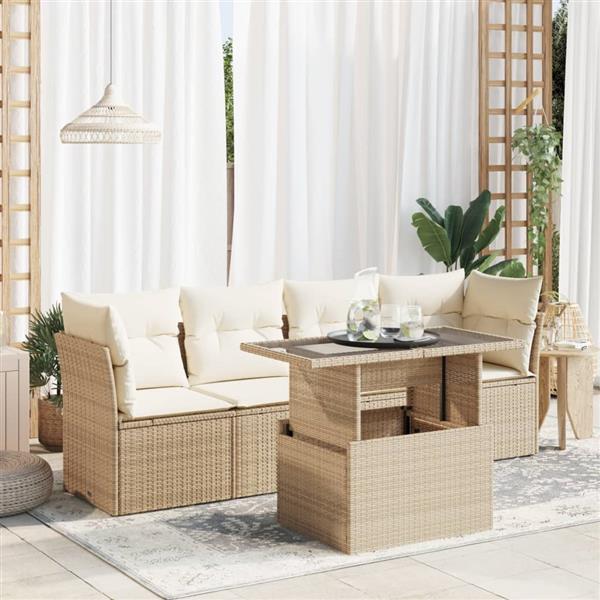 Grote foto vidaxl 5 delige loungeset met kussens poly rattan beige tuin en terras tuinmeubelen