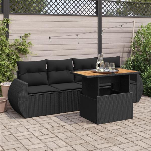 Grote foto vidaxl 5 delige loungeset met kussens poly rattan zwart tuin en terras tuinmeubelen