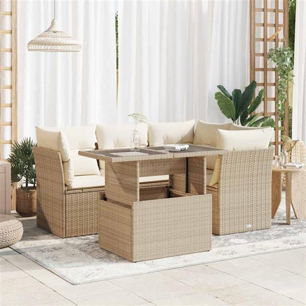 Grote foto vidaxl 5 delige loungeset met kussens poly rattan beige tuin en terras tuinmeubelen