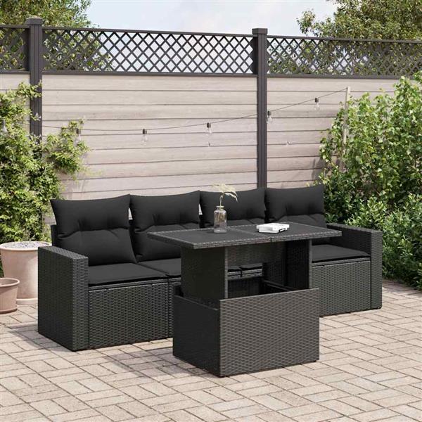 Grote foto vidaxl 5 delige loungeset met kussens poly rattan zwart tuin en terras tuinmeubelen