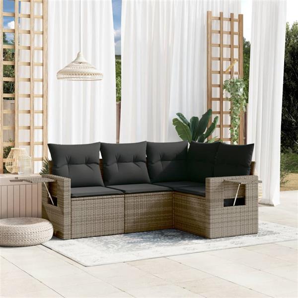 Grote foto vidaxl 4 delige loungeset met kussens poly rattan grijs tuin en terras tuinmeubelen