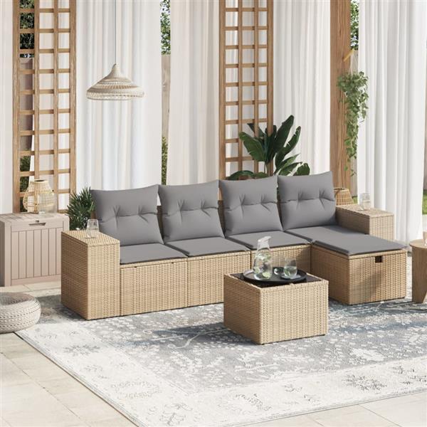 Grote foto vidaxl 6 delige loungeset met kussens poly rattan gemengd beige tuin en terras tuinmeubelen