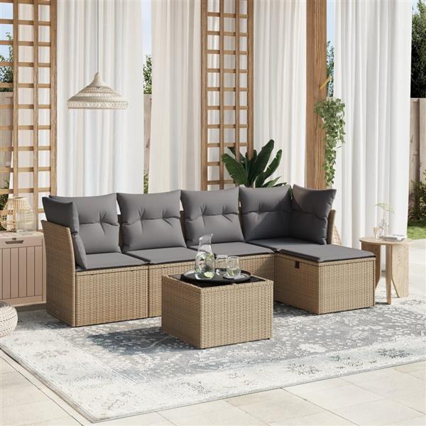 Grote foto vidaxl 6 delige loungeset met kussens poly rattan gemengd beige tuin en terras tuinmeubelen