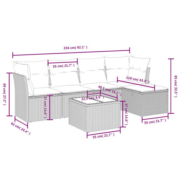 Grote foto vidaxl 6 delige loungeset met kussens poly rattan gemengd beige tuin en terras tuinmeubelen