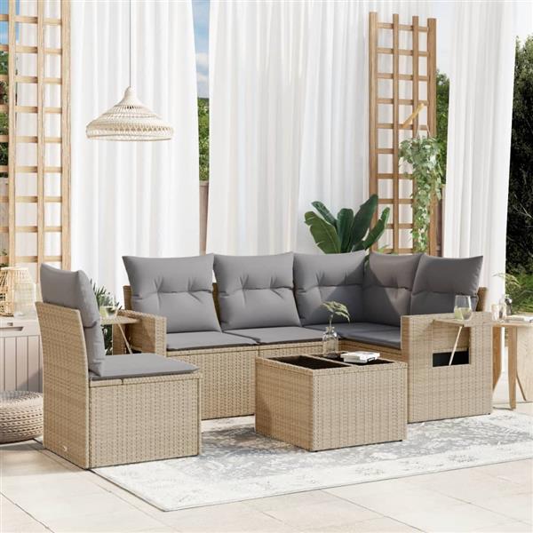 Grote foto vidaxl 6 delige loungeset met kussens poly rattan beige tuin en terras tuinmeubelen