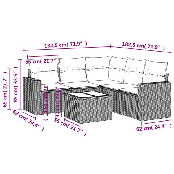 Grote foto vidaxl 6 delige loungeset met kussens poly rattan beige tuin en terras tuinmeubelen