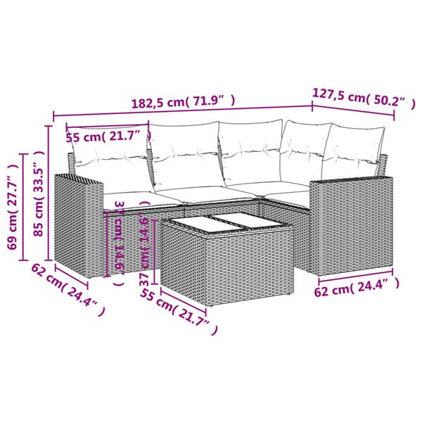 Grote foto vidaxl 5 delige loungeset met kussens poly rattan beige tuin en terras tuinmeubelen