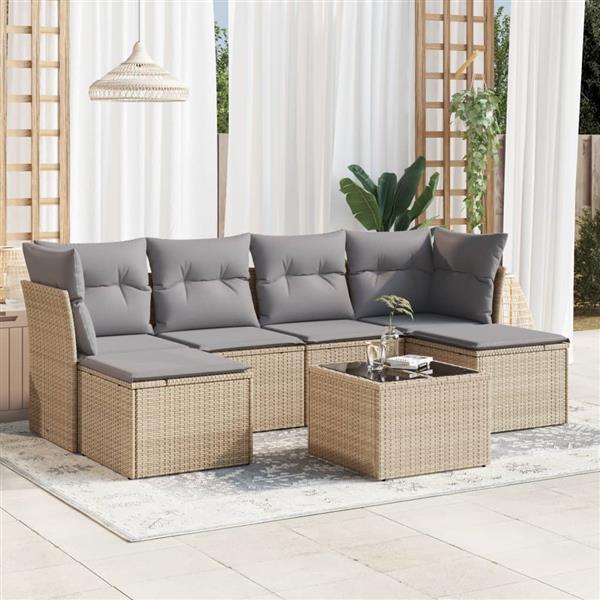 Grote foto vidaxl 7 delige loungeset met kussens poly rattan beige tuin en terras tuinmeubelen