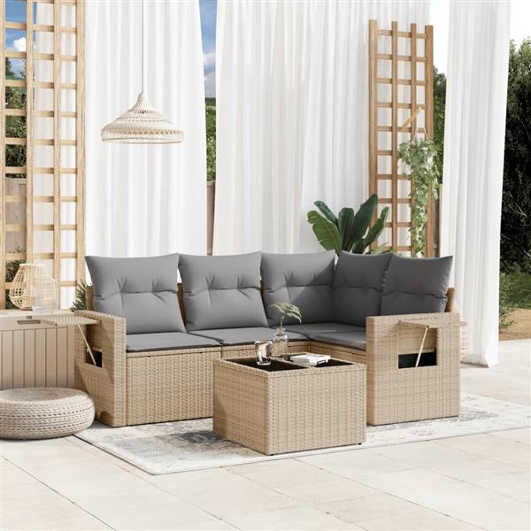 Grote foto vidaxl 5 delige loungeset met kussens poly rattan beige tuin en terras tuinmeubelen