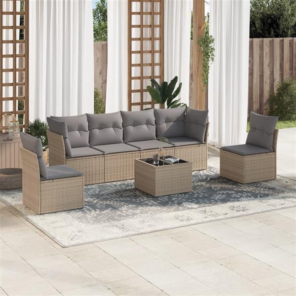 Grote foto vidaxl 7 delige loungeset met kussens poly rattan beige tuin en terras tuinmeubelen