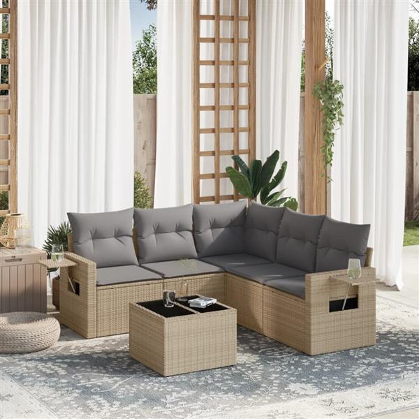 Grote foto vidaxl 6 delige loungeset met kussens poly rattan beige tuin en terras tuinmeubelen