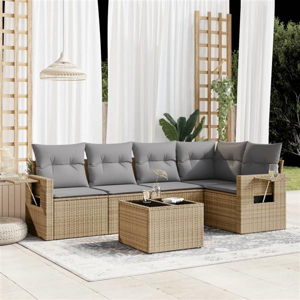 Grote foto vidaxl 6 delige loungeset met kussens poly rattan beige tuin en terras tuinmeubelen