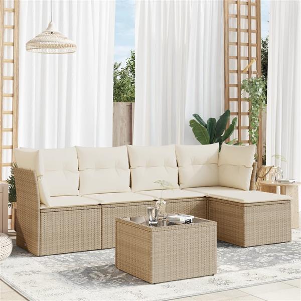 Grote foto vidaxl 6 delige loungeset met kussens poly rattan beige tuin en terras tuinmeubelen