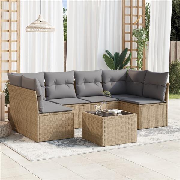 Grote foto vidaxl 7 delige loungeset met kussens poly rattan beige tuin en terras tuinmeubelen