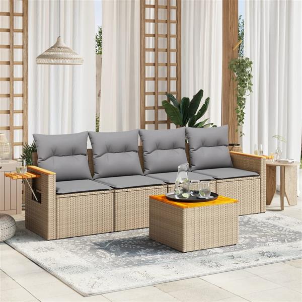 Grote foto vidaxl 5 delige loungeset met kussens poly rattan beige tuin en terras tuinmeubelen