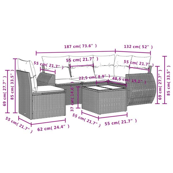 Grote foto vidaxl 6 delige loungeset met kussens poly rattan grijs tuin en terras tuinmeubelen