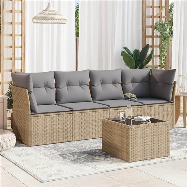 Grote foto vidaxl 5 delige loungeset met kussens poly rattan beige tuin en terras tuinmeubelen