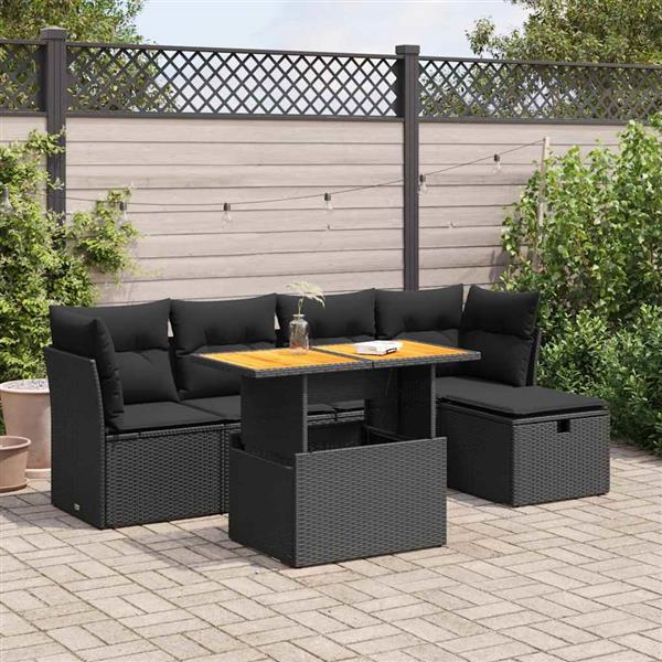 Grote foto vidaxl 6 delige loungeset met kussens poly rattan acacia zwart tuin en terras tuinmeubelen