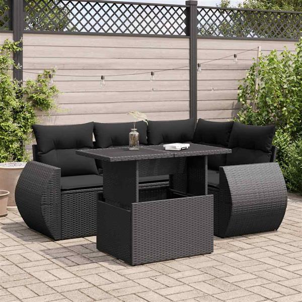 Grote foto vidaxl 5 delige loungeset met kussens poly rattan zwart tuin en terras tuinmeubelen