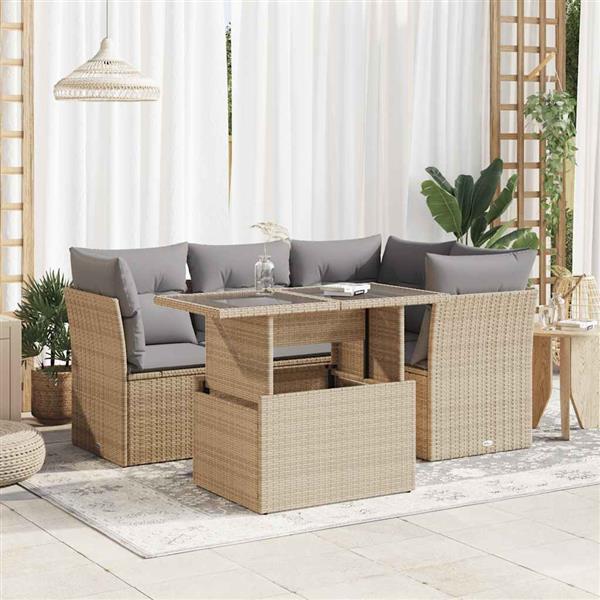 Grote foto vidaxl 5 delige loungeset met kussens poly rattan beige tuin en terras tuinmeubelen