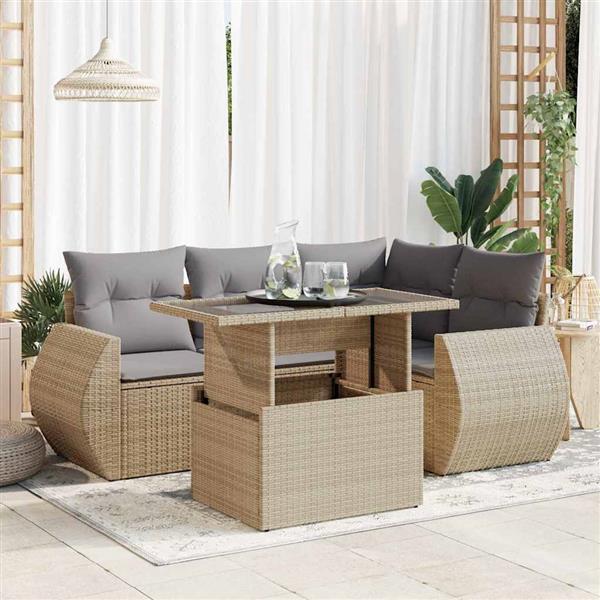 Grote foto vidaxl 5 delige loungeset met kussens poly rattan beige tuin en terras tuinmeubelen