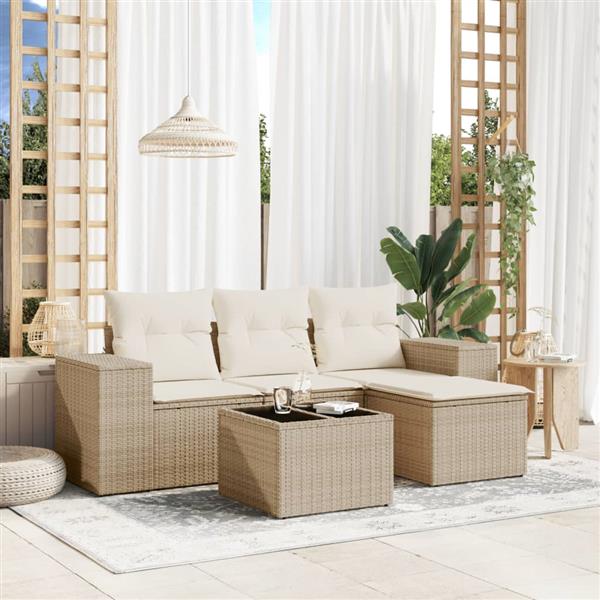 Grote foto vidaxl 5 delige loungeset met kussens poly rattan beige tuin en terras tuinmeubelen