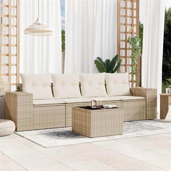 Grote foto vidaxl 5 delige loungeset met kussens poly rattan beige tuin en terras tuinmeubelen